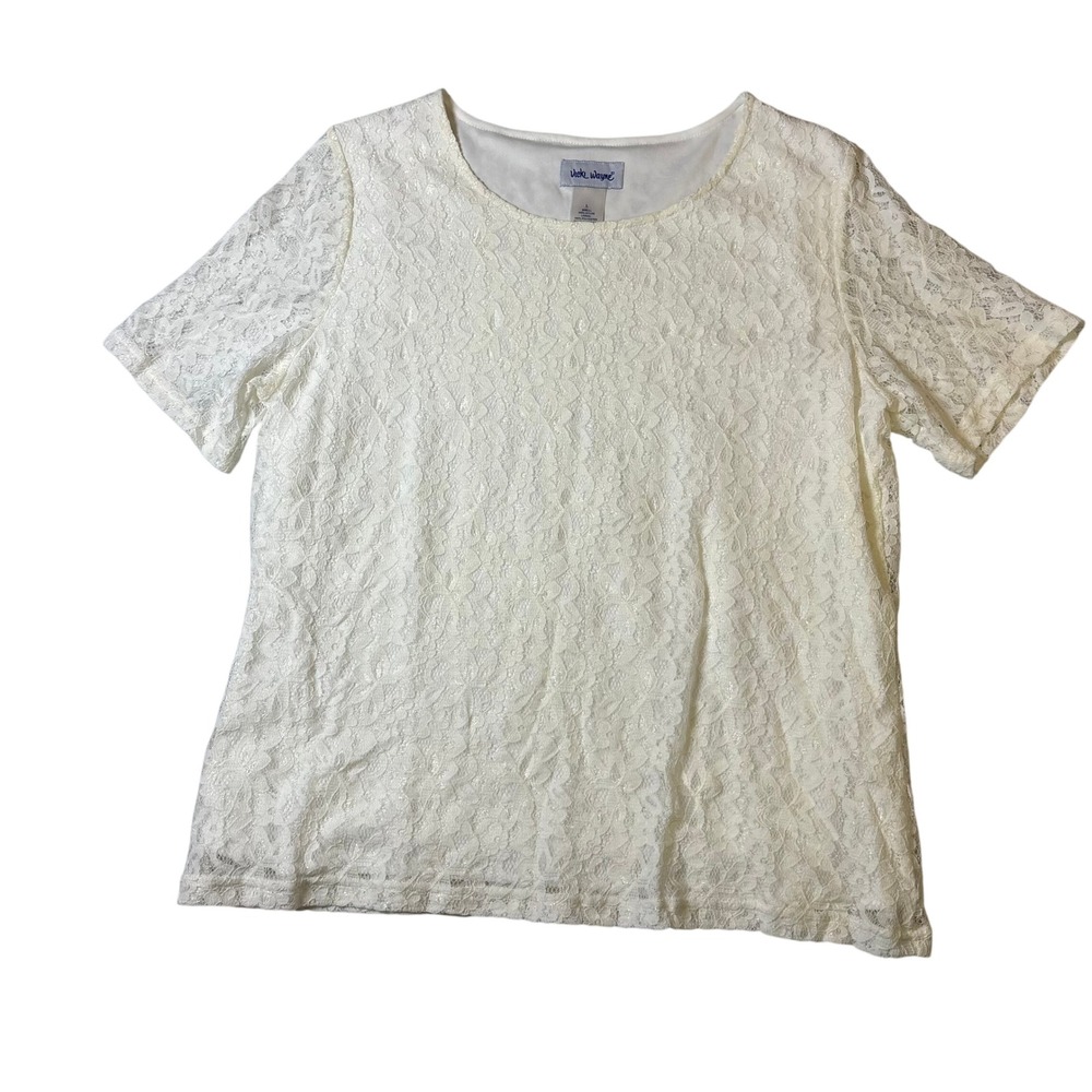 Vicki Wayne Womens Ivory Floral Lace Short Sleeve Lined Blouse Top Size L‎
